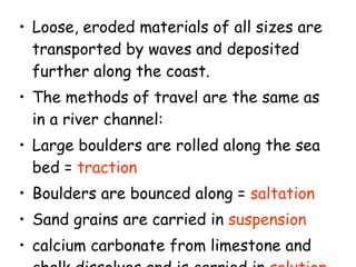 Loose, eroded materials of all sizes are transported by waves and deposited further along the coast. The methods of travel are the same as in a river channel: Large boulders are rolled along the sea bed =  traction Boulders are bounced along =  saltation Sand grains are carried in  suspension calcium carbonate from limestone and chalk dissolves and is carried in  solution 