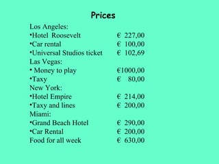 Prices Los Angeles: Hotel Roosevelt €  227,00 Car rental €  100,00 Universal Studios ticket €  102,69 Las Vegas: Money to play €1000,00 Taxy €  80,00 New York: Hotel Empire €  214,00 Taxy and lines €  200,00 Miami: Grand Beach Hotel €  290,00 Car Rental €  200,00 Food for all week €  630,00 