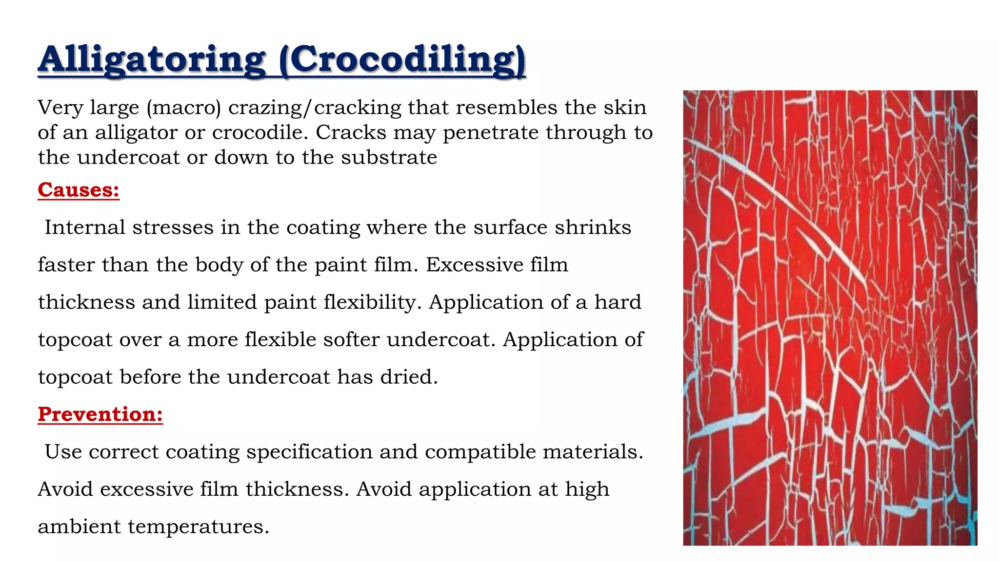 - Neil Armstrong
Alligatoring (Crocodiling)
Very large (macro) crazing/cracking that resembles the skin
of an alligator or crocodile. Cracks may penetrate through to
the undercoat or down to the substrate
Causes:
Internal stresses in the coating where the surface shrinks
faster than the body of the paint film. Excessive film
thickness and limited paint flexibility. Application of a hard
topcoat over a more flexible softer undercoat. Application of
topcoat before the undercoat has dried.
Prevention:
Use correct coating specification and compatible materials.
Avoid excessive film thickness. Avoid application at high
ambient temperatures.
 
