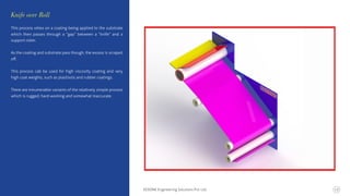 This process relies on a coating being applied to the substrate
which then passes through a “gap” between a “knife” and a
support roller.
As the coating and substrate pass though, the excess is scraped
oﬀ.
This process cab be used for high viscosity coating and very
high coat weights, such as plastisols and rubber coatings.
There are innumerable variants of the relatively simple process
which is rugged, hard-working and somewhat inaccurate.
Knife over Roll
KERONE Engineering Solutions Pvt. Ltd. 15
 