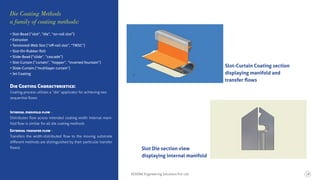 Slot Die section view
displaying internal manifold
Slot-Curtain Coating section
displaying manifold and
transfer ﬂows
• Slot-Bead (“slot”, “die”, “on-roll slot”)
• Extrusion
• Tensioned-Web Slot (“oﬀ-roll slot”, “TWSC”)
• Slot-On-Rubber Roll
• Slide-Bead (“slide”, “cascade”)
• Slot-Curtain (“curtain”, “hopper”, “inverted fountain”)
• Slide-Curtain (“multilayer curtain”)
• Jet Coating
Die Coating Characteristics:
Coating process utilizes a “die” applicator for achieving two
sequential ﬂows:
Internal manifold flow -
Distributes ﬂow across intended coating width internal mani-
fold ﬂow is similar for all die coating methods
External transfer flow -
Transfers the width-distributed ﬂow to the moving substrate
diﬀerent methods are distinguished by their particular transfer
ﬂowst
Die Coating Methods
a family of coating methods:
KERONE Engineering Solutions Pvt. Ltd. 18
 