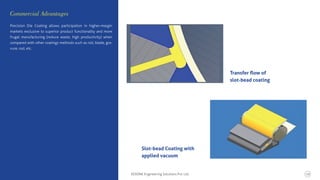 Slot-bead Coating with
applied vacuum
Transfer ﬂow of
slot-bead coating
Precision Die Coating allows participation in higher-margin
markets exclusive to superior product functionality and more
frugal manufacturing (reduce waste, high productivity) when
compared with other coatings methods such as roll, blade, gra-
vure, rod, etc.
Commercial Advantages
KERONE Engineering Solutions Pvt. Ltd. 19
 