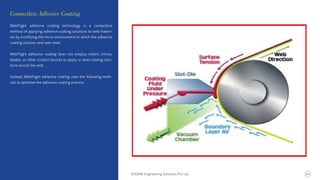 WebFlight adhesive coating technology is a contactless
method of applying adhesive coating solutions to web materi-
als by modifying the micro-environment in which the adhesive
coating solution and web meet.
WebFlight adhesive coating does not employ rollers, knives,
blades, or other contact devices to apply or level coating solu-
tions across the web.
Instead, WebFlight adhesive coating uses the following meth-
ods to optimize the adhesive coating process:
Contactless Adhesive Coating
KERONE Engineering Solutions Pvt. Ltd. 20
 