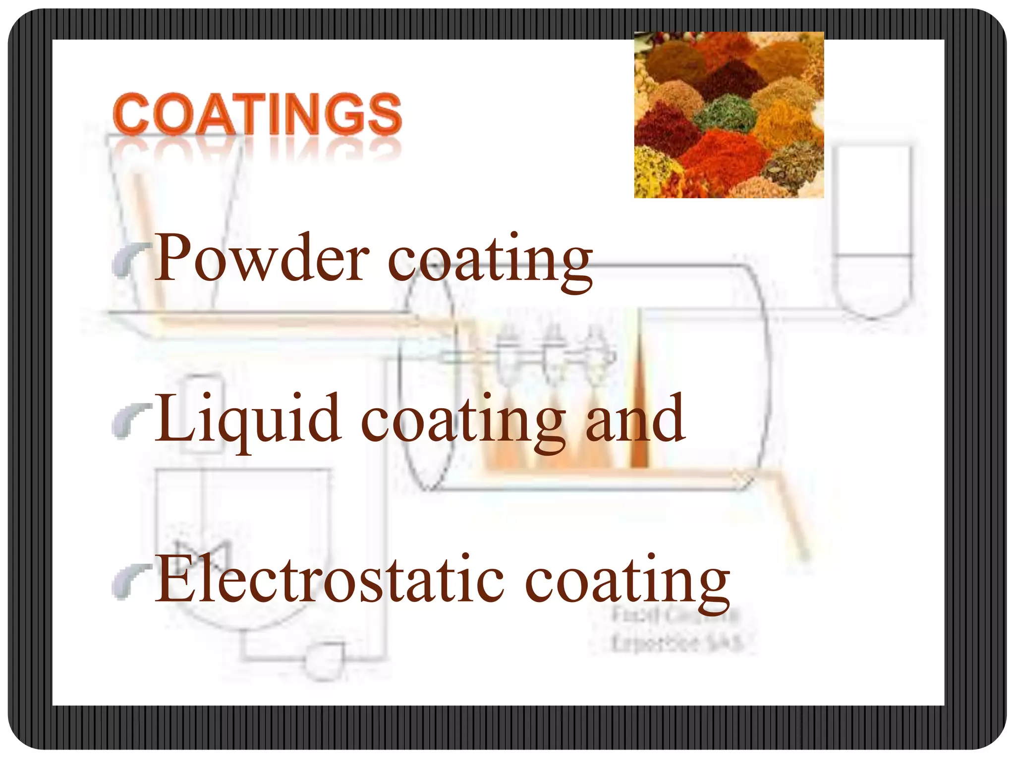 Powder coating
Liquid coating and
Electrostatic coating

 