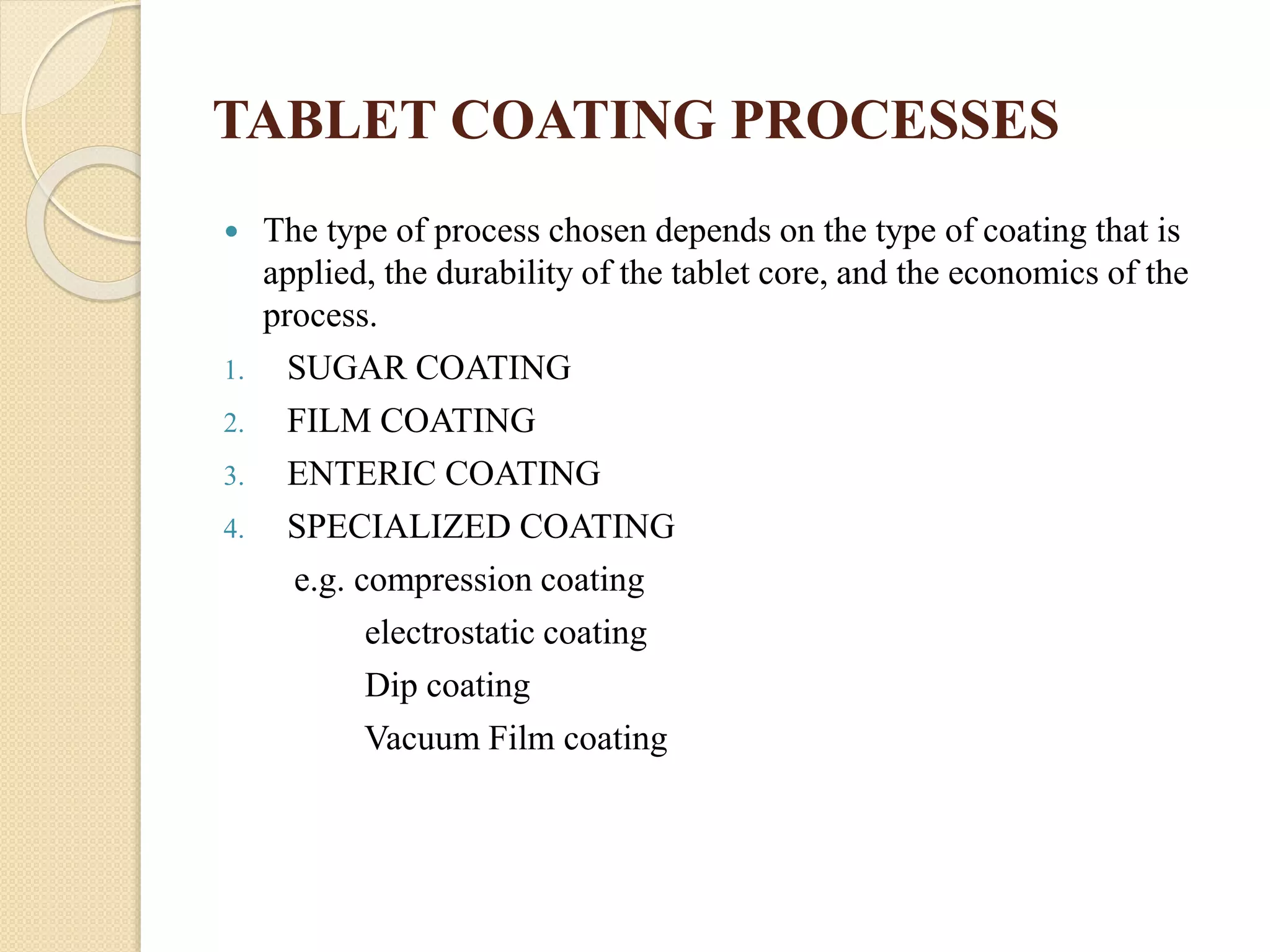 TABLET COATING PROCESSES
 The type of process chosen depends on the type of coating that is
applied, the durability of the tablet core, and the economics of the
process.
1. SUGAR COATING
2. FILM COATING
3. ENTERIC COATING
4. SPECIALIZED COATING
e.g. compression coating
electrostatic coating
Dip coating
Vacuum Film coating
 