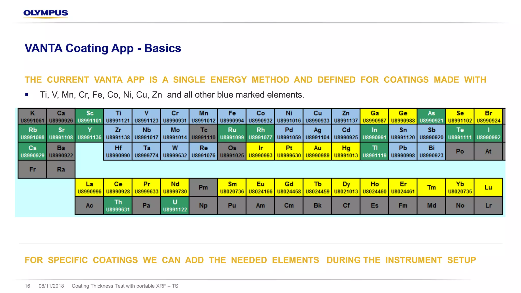 08/11/2018 Coating Thickness Test with portable XRF – TS16
VANTA Coating App - Basics
THE CURRENT VANTA APP IS A SINGLE ENERGY METHOD AND DEFINED FOR COATINGS MADE WITH
§ Ti, V, Mn, Cr, Fe, Co, Ni, Cu, Zn and all other blue marked elements.
FOR SPECIFIC COATINGS WE CAN ADD THE NEEDED ELEMENTS DURING THE INSTRUMENT SETUP
 