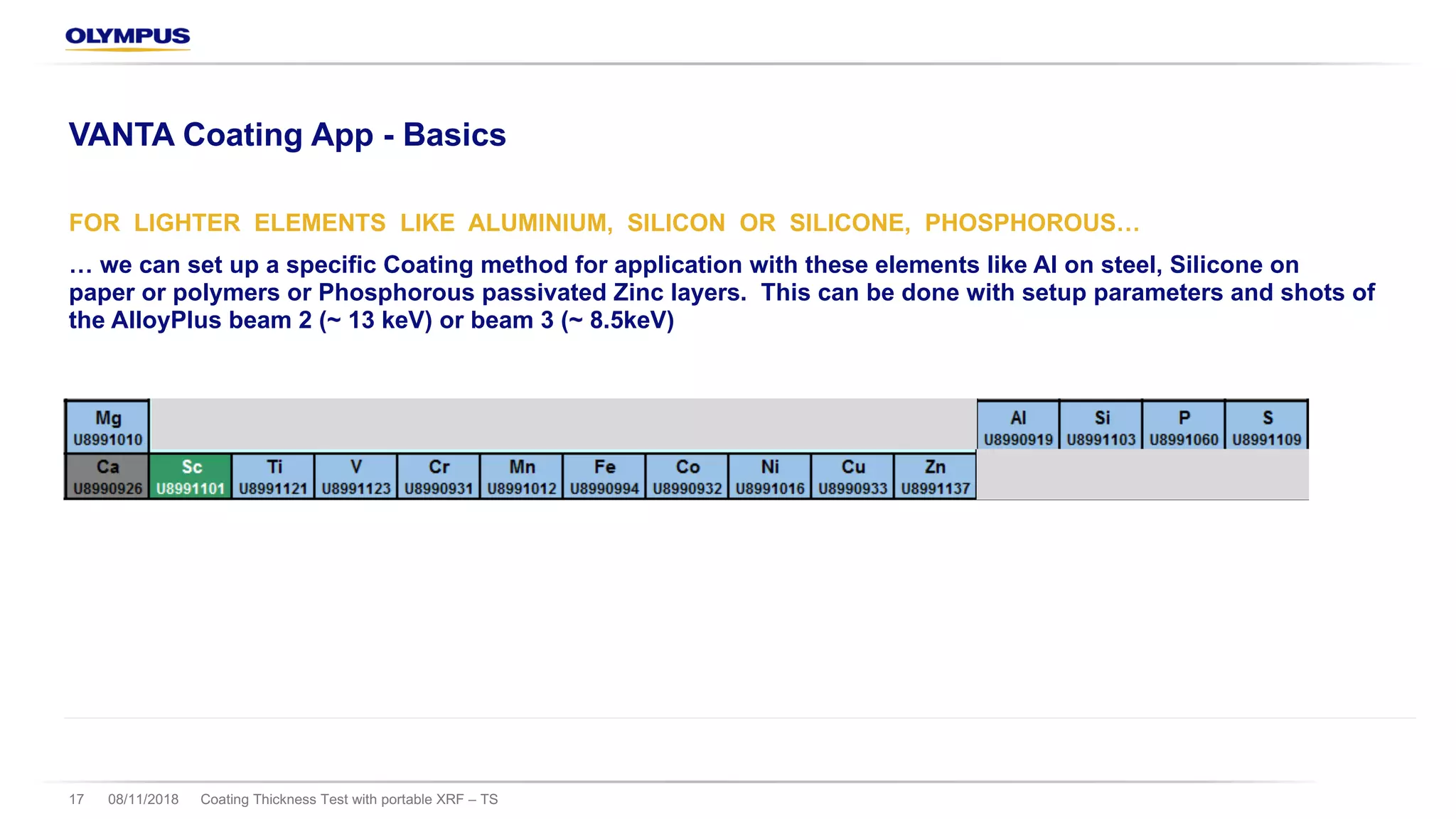 08/11/2018 Coating Thickness Test with portable XRF – TS17
VANTA Coating App - Basics
FOR LIGHTER ELEMENTS LIKE ALUMINIUM, SILICON OR SILICONE, PHOSPHOROUS…
… we can set up a specific Coating method for application with these elements like Al on steel, Silicone on
paper or polymers or Phosphorous passivated Zinc layers. This can be done with setup parameters and shots of
the AlloyPlus beam 2 (~ 13 keV) or beam 3 (~ 8.5keV)
 