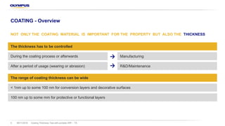 08/11/2018 Coating Thickness Test with portable XRF – TS6
COATING - Overview
NOT ONLY THE COATING MATERIAL IS IMPORTANT FOR THE PROPERTY BUT ALSO THE THICKNESS
During the coating process or afterwards Manufacturing
The thickness has to be controlled
After a period of usage (wearing or abrasion) R&D/Maintenance
< 1nm up to some 100 nm for conversion layers and decorative surfaces
The range of coating thickness can be wide
100 nm up to some mm for protective or functional layers
 