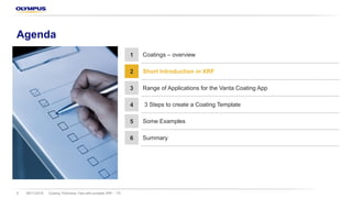 Agenda
Coating Thickness Test with portable XRF – TS8 08/11/2018
1 Coatings – overview
2 Short Introduction in XRF
3 Range of Applications for the Vanta Coating App
4 3 Steps to create a Coating Template
5 Some Examples
6 Summary
 