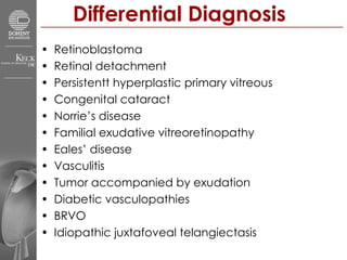 Differential Diagnosis Retinoblastoma Retinal detachment Persistentt hyperplastic primary vitreous Congenital cataract Norrie’s disease Familial exudative vitreoretinopathy  Eales’ disease Vasculitis  Tumor accompanied by exudation Diabetic vasculopathies BRVO Idiopathic juxtafoveal telangiectasis 