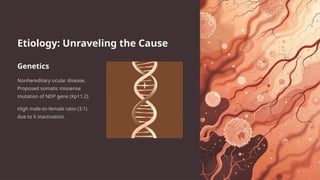 Etiology: Unraveling the Cause
Genetics
Nonhereditary ocular disease.
Proposed somatic missense
mutation of NDP gene (Xp11.2).
High male-to-female ratio (3:1)
due to X inactivation.
 