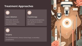 Treatment Approaches
Laser Ablation
Obliterates abnormal
vasculature, eliminates
hyperpermeability.
Cryotherapy
For peripheral telangiectasia
with significant exudative
detachment.
Surgery
For total detachment, vitreous hemorrhage, or secondary
complications.
 