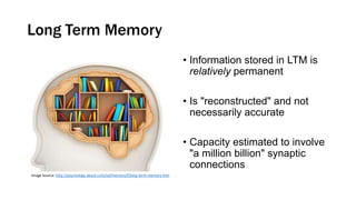 Long Term Memory
• Information stored in LTM is
relatively permanent
• Is "reconstructed" and not
necessarily accurate
• C...