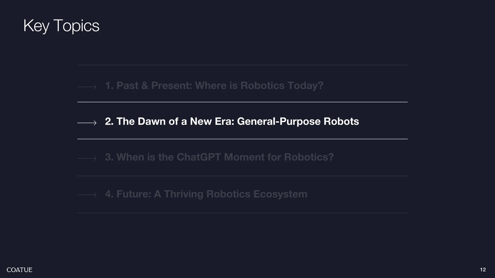 Key Topics
2. The Dawn of a New Era: General-Purpose Robots
1. Past & Present: Where is Robotics Today?
4. Future: A Thriving Robotics Ecosystem
3. When is the ChatGPT Moment for Robotics?
12
 