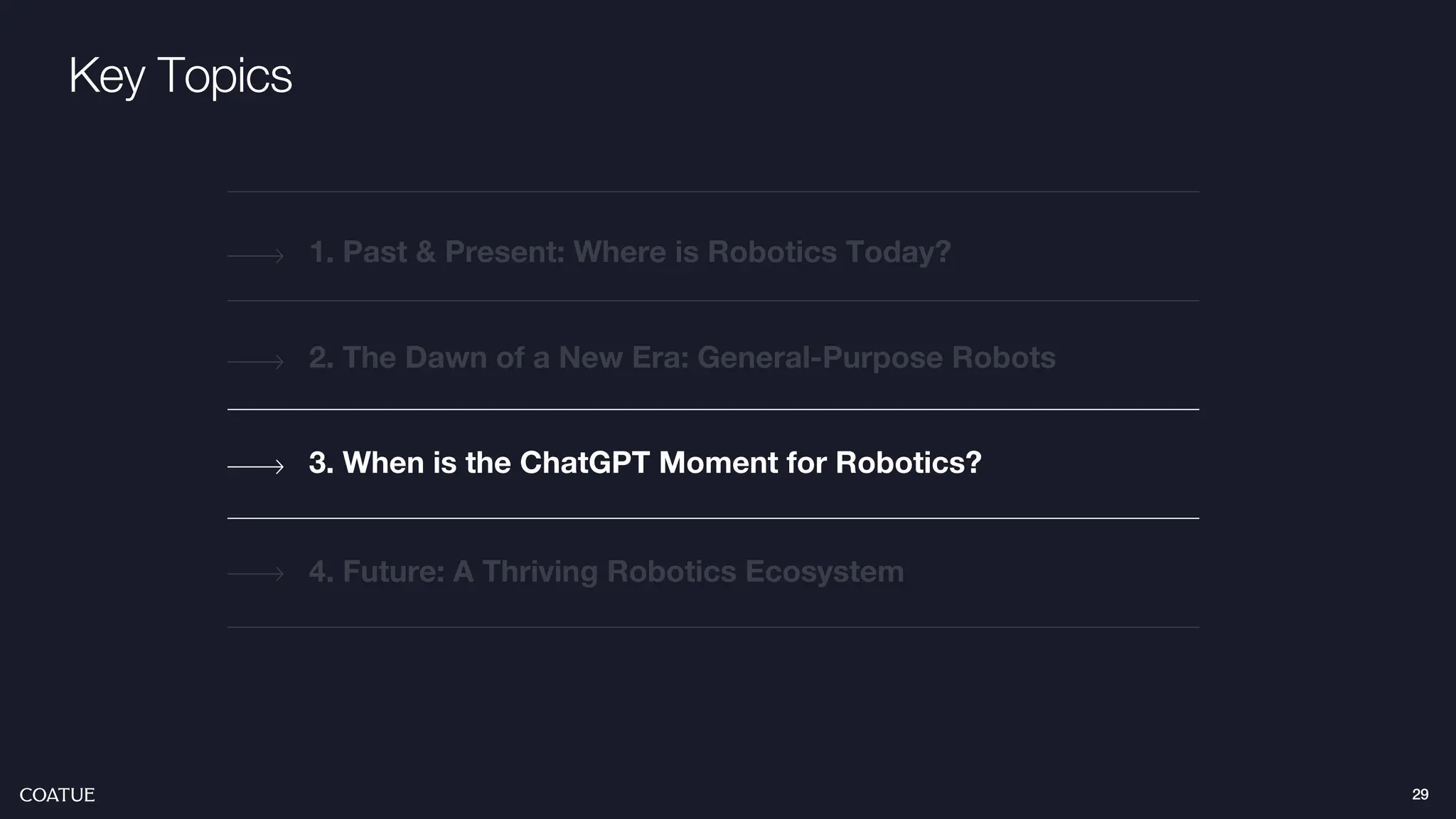 Key Topics
2. The Dawn of a New Era: General-Purpose Robots
1. Past & Present: Where is Robotics Today?
4. Future: A Thriving Robotics Ecosystem
3. When is the ChatGPT Moment for Robotics?
29
 