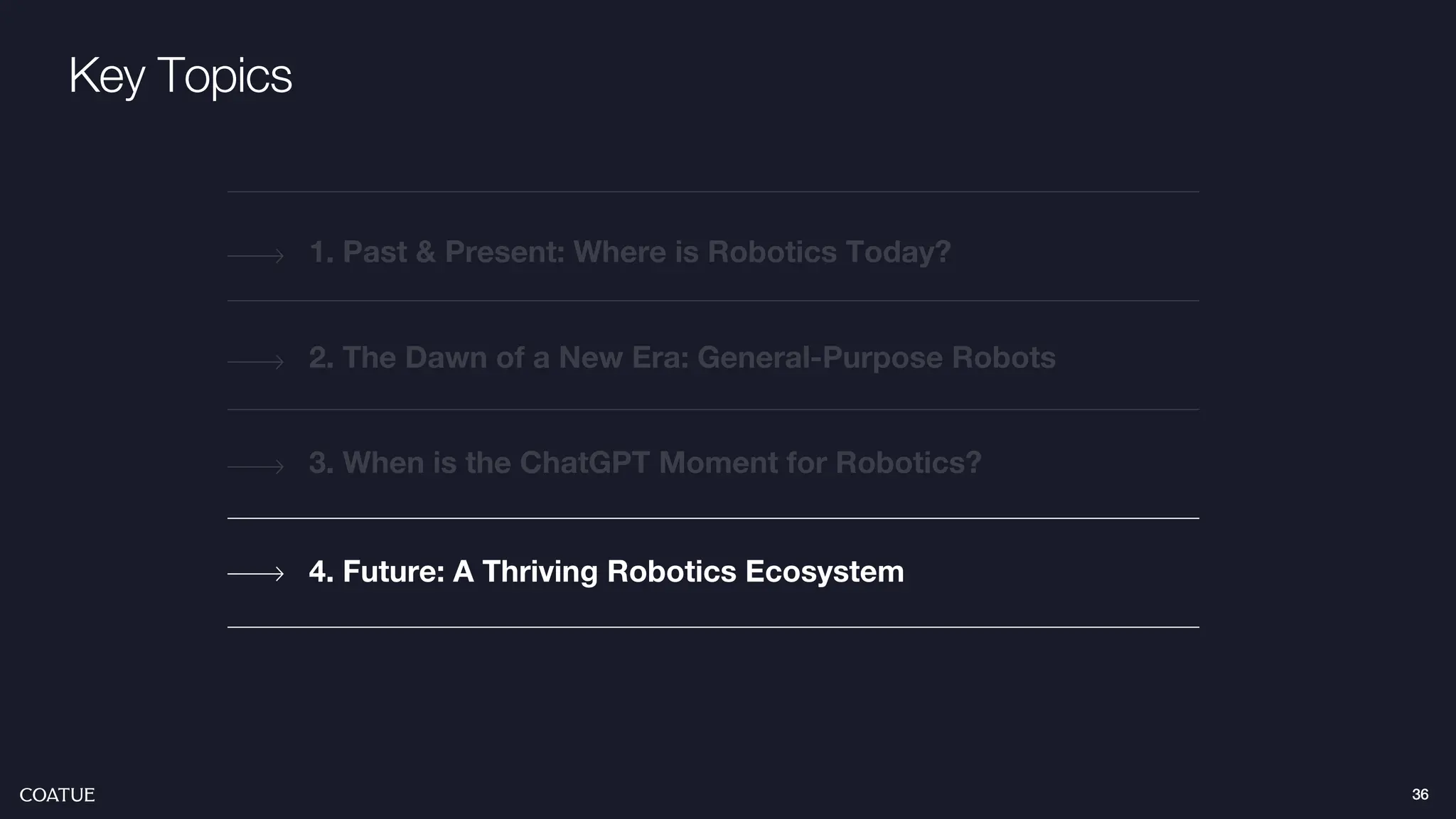 Key Topics
2. The Dawn of a New Era: General-Purpose Robots
1. Past & Present: Where is Robotics Today?
4. Future: A Thriving Robotics Ecosystem
3. When is the ChatGPT Moment for Robotics?
36
 