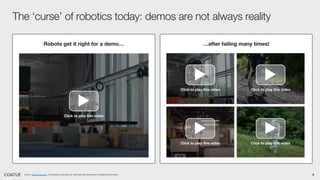 4
The ‘curse’ of robotics today: demos are not always reality
Source: Boston Dynamics. For illustrative purposes only. See Appendix-Disclosures for additional information.
…after failing many times!
Robots get it right for a demo…
Click to play this video
Click to play this video Click to play this video
Click to play this video Click to play this video
 