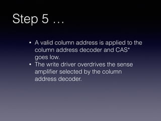 Step 5 …
• A valid column address is applied to the
column address decoder and CAS*
goes low.
• The write driver overdrives the sense
ampliﬁer selected by the column
address decoder.
 