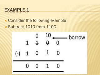 EXAMPLE-1
 Consider the following example
 Subtract 1010 from 1100.
 