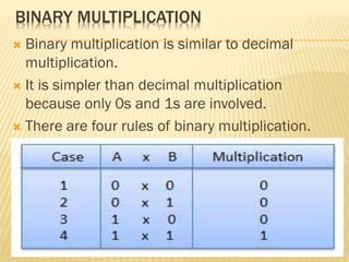 BINARY MULTIPLICATION
 Binary multiplication is similar to decimal
multiplication.
 It is simpler than decimal multiplication
because only 0s and 1s are involved.
 There are four rules of binary multiplication.
 