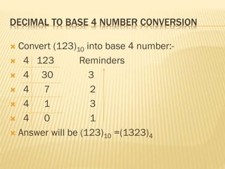DECIMAL TO BASE 4 NUMBER CONVERSION
 Convert (123)10 into base 4 number:-
 4 123 Reminders
 4 30 3
 4 7 2
 4 1 3
 4 0 1
 Answer will be (123)10 =(1323)4
 