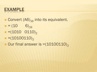 EXAMPLE
 Convert (A6)16 into its equivalent.
 = (10 6)16
 =(1010 0110)2
 =(10100110)2
 Our final answer is =(10100110)2
 