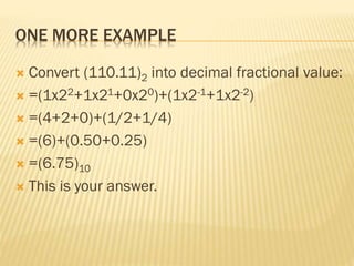 ONE MORE EXAMPLE
 Convert (110.11)2 into decimal fractional value:
 =(1x22+1x21+0x20)+(1x2-1+1x2-2)
 =(4+2+0)+(1/2+1/4)
 =(6)+(0.50+0.25)
 =(6.75)10
 This is your answer.
 