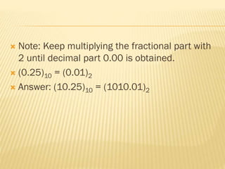  Note: Keep multiplying the fractional part with
2 until decimal part 0.00 is obtained.
 (0.25)10 = (0.01)2
 Answer: (10.25)10 = (1010.01)2
 