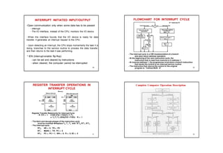 INTERRUPT INITIATED INPUT/OUTPUT
-Open communication only when some data has to be passed
- interrupt.
- The I/O interface, instead of the CPU, monitors the I/O device.
- When the interface founds that the I/O device is ready for data
transfer, it generates an interrupt request to the CPU.
- Upon detecting an interrupt, the CPU stops momentarily the task it is
doing, branches to the service routine to process the data transfer,
and then returns to the task it was performing.
* IEN (Interrupt-enable flip-flop)
- can be set and cleared by instructions
- when cleared, the computer cannot be interrupted
29
FLOWCHART FOR INTERRUPT CYCLE
- The interrupt cycle is a HW implementation of a branch
and save return address operation.
- At the beginning of the next instruction cycle, the
instruction that is read from memory is in address 1.
- At memory address 1, the programmer must store a branch instruction
that sends the control to an interrupt service routine
- The instruction that returns the control to the original
program is "indirect BUN 0"
R = Interrupt f/f
Store return address
R
=1
=0
in location 0
M[0]  PC
Branch to location 1
PC  1
IEN  0
R  0
Interrupt cycle
Instruction cycle
Fetch and decode
instructions
IEN
FGI
FGO
Execute
instructions
R  1
=1
=1
=1
=0
=0
=0
30
REGISTER TRANSFER OPERATIONS IN
INTERRUPT CYCLE
Register Transfer Statements for Interrupt Cycle
- R F/F  1 if IEN (FGI + FGO)T0T1T2
 T0T1T2 (IEN)(FGI + FGO): R  1
- The fetch and decode phases of the instruction cycle
must be modified Replace T0, T1, T2 with R'T0, R'T1, R'T2
- The interrupt cycle :
RT0: AR  0, TR  PC
RT1: M[AR]  TR, PC  0
RT2: PC  PC + 1, IEN  0, R  0, SC  0
After interrupt cycle
0 BUN 1120
0
1
PC = 256
255
1 BUN 0
Before interrupt
Main
Program
1120
I/O
Program
0 BUN 1120
0
PC = 1
256
255
1 BUN 0
Memory
Main
Program
1120
I/O
Program
256
31
Complete Computer Operation Description
32
 
