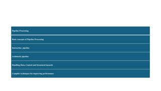 Pipeline Processing
Basic concepts of Pipeline Processing
Instruction pipeline
Arithmetic pipeline
Handling Data, Control and Structural hazards
Compiler techniques for improving performance
 