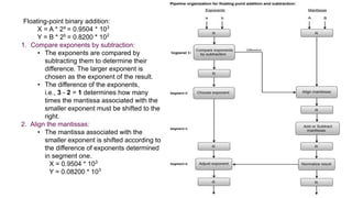 Floating-point binary addition:
X = A * 2a
= 0.9504 * 103
Y = B * 2b
= 0.8200 * 102
1. Compare exponents by subtraction:
• The exponents are compared by
subtracting them to determine their
difference. The larger exponent is
chosen as the exponent of the result.
• The difference of the exponents,
i.e., 3 - 2 = 1 determines how many
times the mantissa associated with the
smaller exponent must be shifted to the
right.
2. Align the mantissas:
• The mantissa associated with the
smaller exponent is shifted according to
the difference of exponents determined
in segment one.
X = 0.9504 * 103
Y = 0.08200 * 103
 