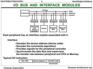 4
Input-Output Organization
Computer Organization Computer Architectures Lab
I/O BUS AND INTERFACE MODULES
Each peripheral has an interface module associated with it
Interface
- Decodes the device address (device code)
- Decodes the commands (operation)
- Provides signals for the peripheral controller
- Synchronizes the data flow and supervises
the transfer rate between peripheral and CPU or Memory
Typical I/O instruction
(Command)
Op. code Device address Function code
Input/Output Interfaces
Processor
Interface
Keyboard
and
display
terminal
Magnetic
tape
Printer
Interface Interface Interface
Data
Address
Control
Magnetic
disk
I/O bus
 