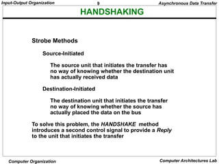 9
Input-Output Organization
Computer Organization Computer Architectures Lab
HANDSHAKING
Strobe Methods
Source-Initiated
The source unit that initiates the transfer has
no way of knowing whether the destination unit
has actually received data
Destination-Initiated
The destination unit that initiates the transfer
no way of knowing whether the source has
actually placed the data on the bus
To solve this problem, the HANDSHAKE method
introduces a second control signal to provide a Reply
to the unit that initiates the transfer
Asynchronous Data Transfer
 