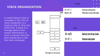 STACK ORGANIZATION
10
A useful feature that is
included in the CPU of
most computers is a
stack or last-in, first-out
(LIFO) list. A stack is a
storage device that
stores information in
such a manner that the
item stored last is the
first item retrieved.
PUSH
POP
 