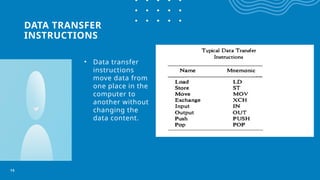 DATA TRANSFER
INSTRUCTIONS
• Data transfer
instructions
move data from
one place in the
computer to
another without
changing the
data content.
15
 
