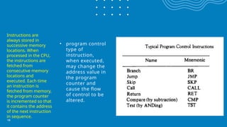 • program control
type of
instruction,
when executed,
may change the
address value in
the program
counter and
cause the flow
of control to be
altered.
19
Instructions are
always stored in
successive memory
locations. When
processed in the CPU,
the instructions are
fetched from
consecutive memory
locations and
executed. Each time
an instruction is
fetched from memory,
the program counter
is incremented so that
it contains the address
of the next instruction
in sequence.
 