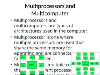 Multiprocessors and
Multicomputer
• Multiprocessors and
multicomputers are types of
architectures used in the computer.
• Multiprocessor is one where
multiple processors are used that
share the same memory for
operating and are connected to
function together.
• Multicomputer: multiple computers
that have different processor are
 
