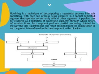 Pipelining is a technique of decomposing a sequential process into sub
operations, with each sub process being executed in a special dedicated
segment that operates concurrently with all other segments. A pipeline can
be visualized as a collection of processing segments through which binary
information flows. Each segment performs partial processing dictated by
the way the task is partitioned. The result obtained from the computation in
each segment is transferred to the next segment in the pipeline.
 