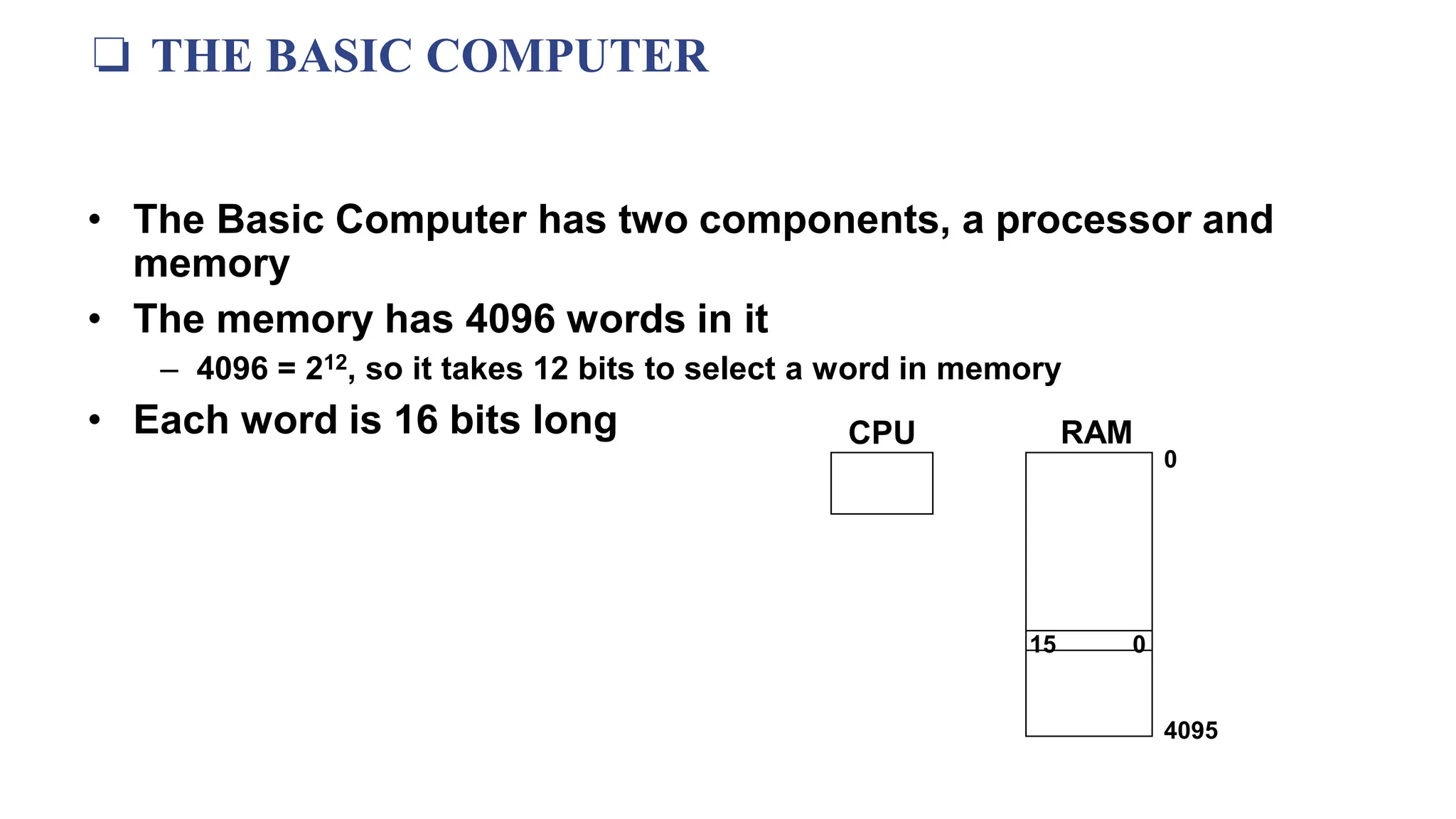 ❏ THE BASIC COMPUTER
• The Basic Computer has two components, a processor and
memory
• The memory has 4096 words in it
– 4096 = 212, so it takes 12 bits to select a word in memory
• Each word is 16 bits long CPU RAM
0
4095
0
15
 