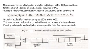 This requires three multiplication and(after initializing c11 to 0) three addition.
Total number of addition or multiplication required is 3*9.
In general inner product consists of the sum of k product terms of the form:
In typical application value of k may be 100 or even 1000.
The inner product calculation on a pipeline vector processor is shown below.
Floating point adder and multiplier are assumed to have four segments each.
 