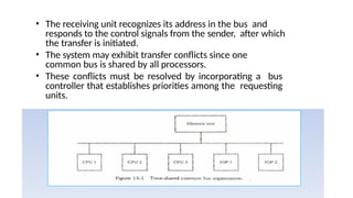 • The receiving unit recognizes its address in the bus and
responds to the control signals from the sender, after which
the transfer is initiated.
• The system may exhibit transfer conflicts since one
common bus is shared by all processors.
• These conflicts must be resolved by incorporating a bus
controller that establishes priorities among the requesting
units.
 