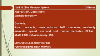 Unit III The Memory System 5 Hours
App/System/Case study:
Memory hierarchy
Contents:
Basic concepts, semiconductor RAM memories, read-only
memories, speed, size and cost, cache memories, DRAM ,
SRAM,RAID, virtual memory. SSD.
Self Study: Secondary storage
Further reading: Flash memory
 