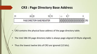 CR3 : Page Directory Base Address
• CR3 contains the physical base address of the page directory table.
• The Intel 386 DX page directory table is always page-aligned (4 Kbyte-aligned).
• Thus the lowest twelve bits of CR3 are ignored (12 bits).
11
 