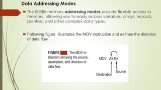 Data Addressing Modes
 The 80386 memory addressing modes provide flexible access to
memory, allowing you to easily access variables, arrays, records,
pointers, and other complex data types.
 Following figure illustrates the MOV instruction and defines the direction
of data flow
 