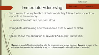 Immediate Addressing
• Term immediate implies that data immediately follow the hexadecimal
opcode in the memory.
– immediate data are constant data
• Immediate addressing operates upon a byte or word of data.
• Figure shows the operation of a MOV EAX,13456H instruction.
opcode Operand
(Opcode is a part of the instruction that tells the processor what should be done. Operand is a part of the
instruction that contains the data to be acted on, or the memory location of the data in a register)
Instruction
 