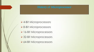  4-Bit Microprocessors
 8-Bit Microprocessors
 16-Bit Microprocessors
 32-Bit Microprocessors
 64-Bit Microprocessors
History of Microprocessor
 
