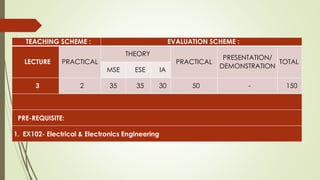 TEACHING SCHEME : EVALUATION SCHEME :
LECTURE PRACTICAL
THEORY
PRACTICAL
PRESENTATION/
DEMONSTRATION
TOTAL
MSE ESE IA
3 2 35 35 30 50 - 150
PRE-REQUISITE:
1. EX102- Electrical & Electronics Engineering
 