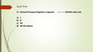 Quiz Time
1) General Purpose Registers supports ----------- bit/bits data size
a) 1
b) 8
c) 64
d) All the above
 