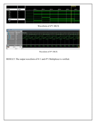 Waveform of 4*1 MUX
Waveform of 8*1 MUX
RESULT: The output waveform of 8×1 and 4*1 Multiplexer is verified.
 
