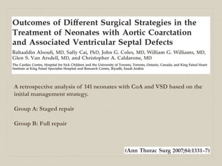 A retrospective analysis of 141 neonates with CoA and VSD based on the 
initial management strategy. 
Group A: Staged repair 
Group B: Full repair 
 